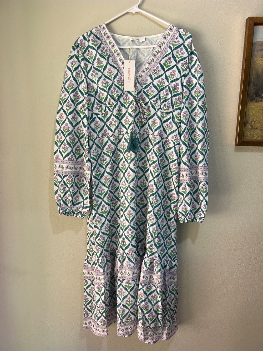 NWT Green Geometric V-Neck Maxi Dress with Tassel Tie - Picture 3 of 7